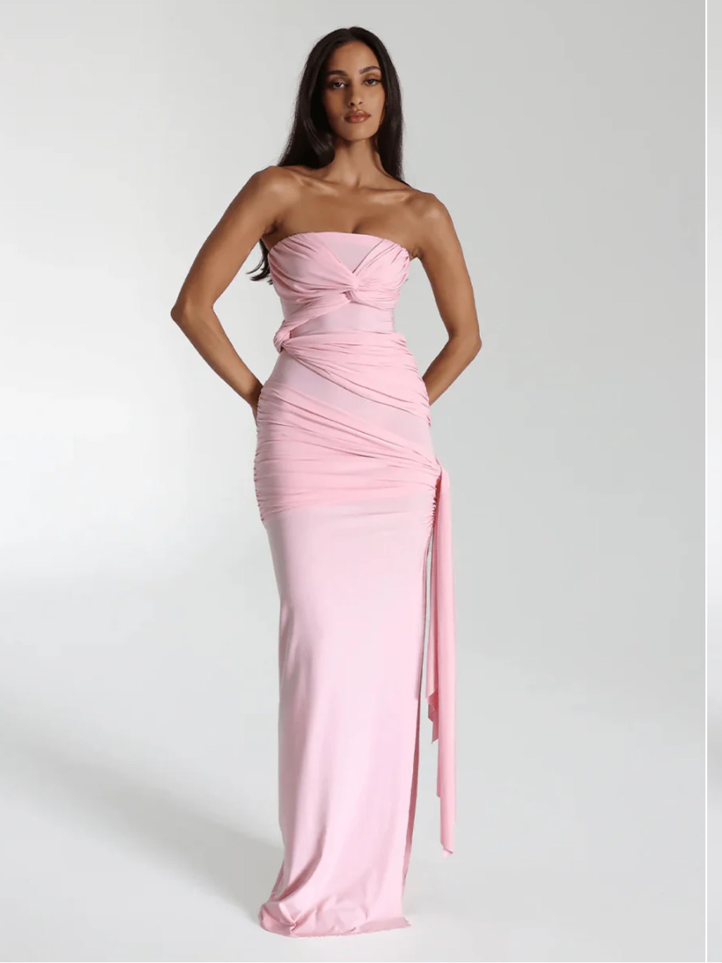 Natalie Rolt Strapless Pink Draped Evening Gown